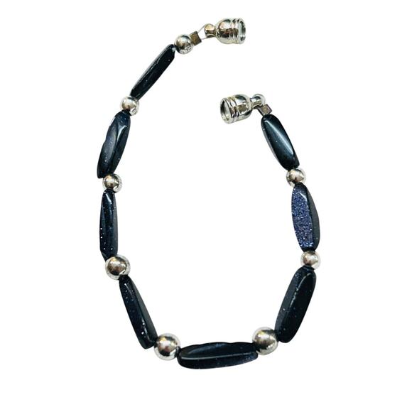 Navy Blue Sparkle Silvertone Bracelet 6.75 Inch Magnetic Clasp - Picture 4 of 5